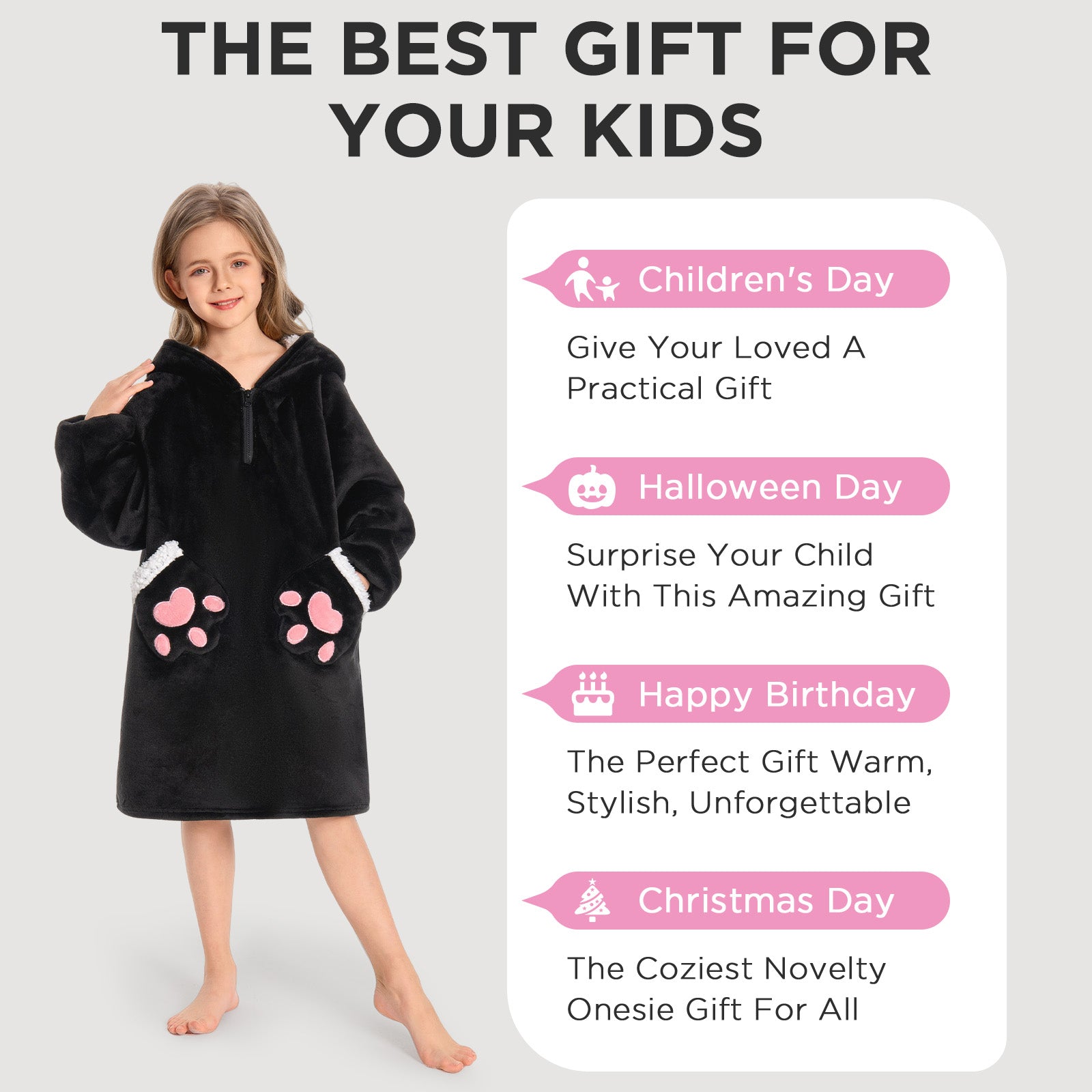 Kids OLAOLA Black Cat Wearable Blanket Hoodie Animals Onesie Oversized Soft Homewear With Giant Pocket