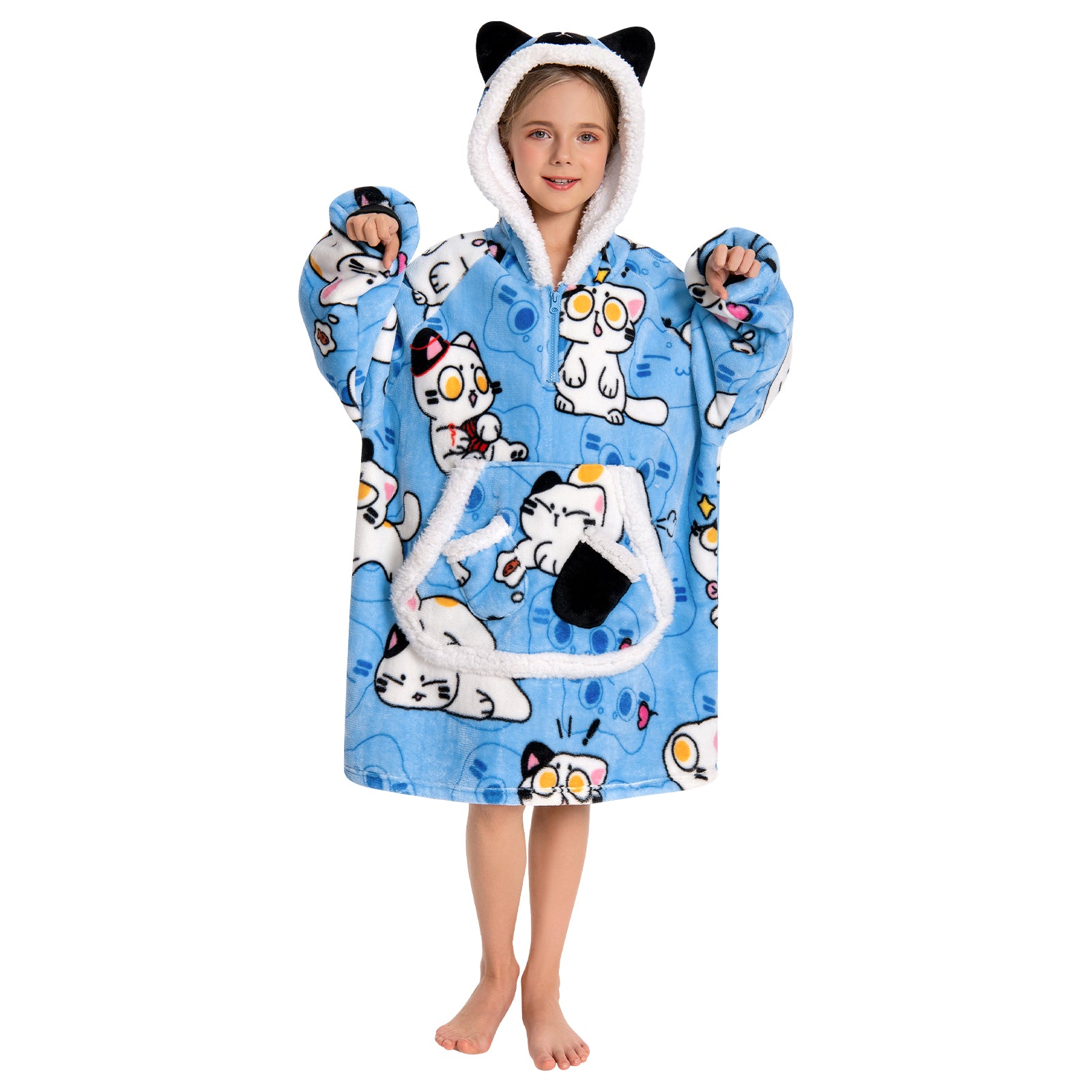 Kids OLAOLA Blue Cat Kawaii Kitty Wearable Blanket Hoodie Food Onesie Oversized Soft Homewear With Giant Pocket