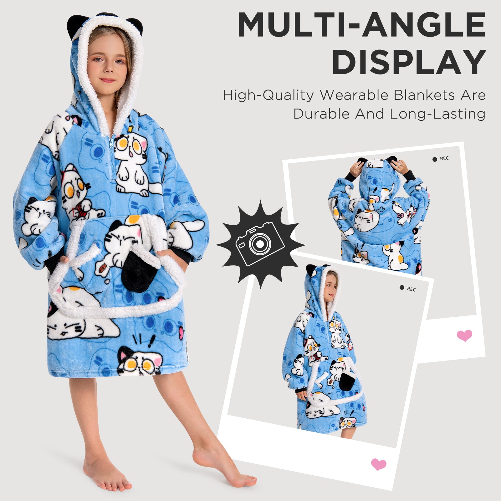 Kids OLAOLA Blue Cat Kawaii Kitty Wearable Blanket Hoodie Food Onesie Oversized Soft Homewear With Giant Pocket