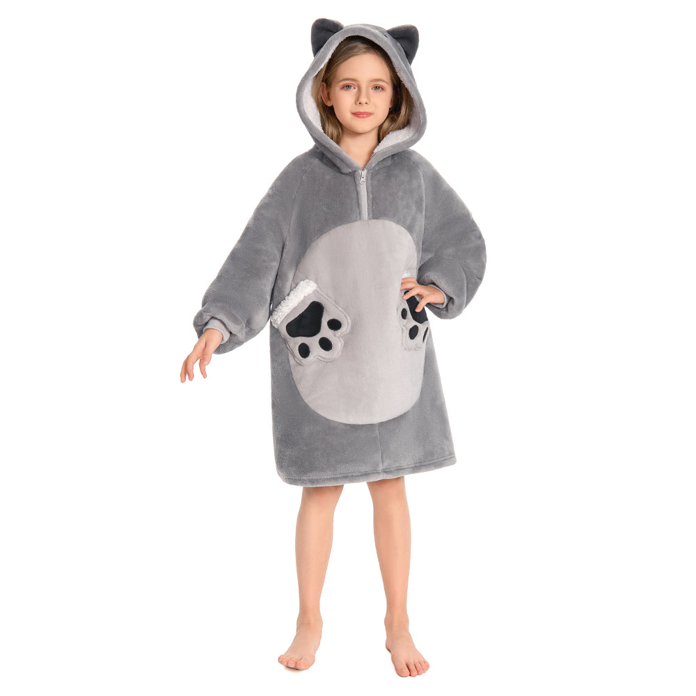 Kids OLAOLA Blue Cat Wearable Blanket Hoodie Animals Onesie Oversized Soft Homewear With Giant Pocket