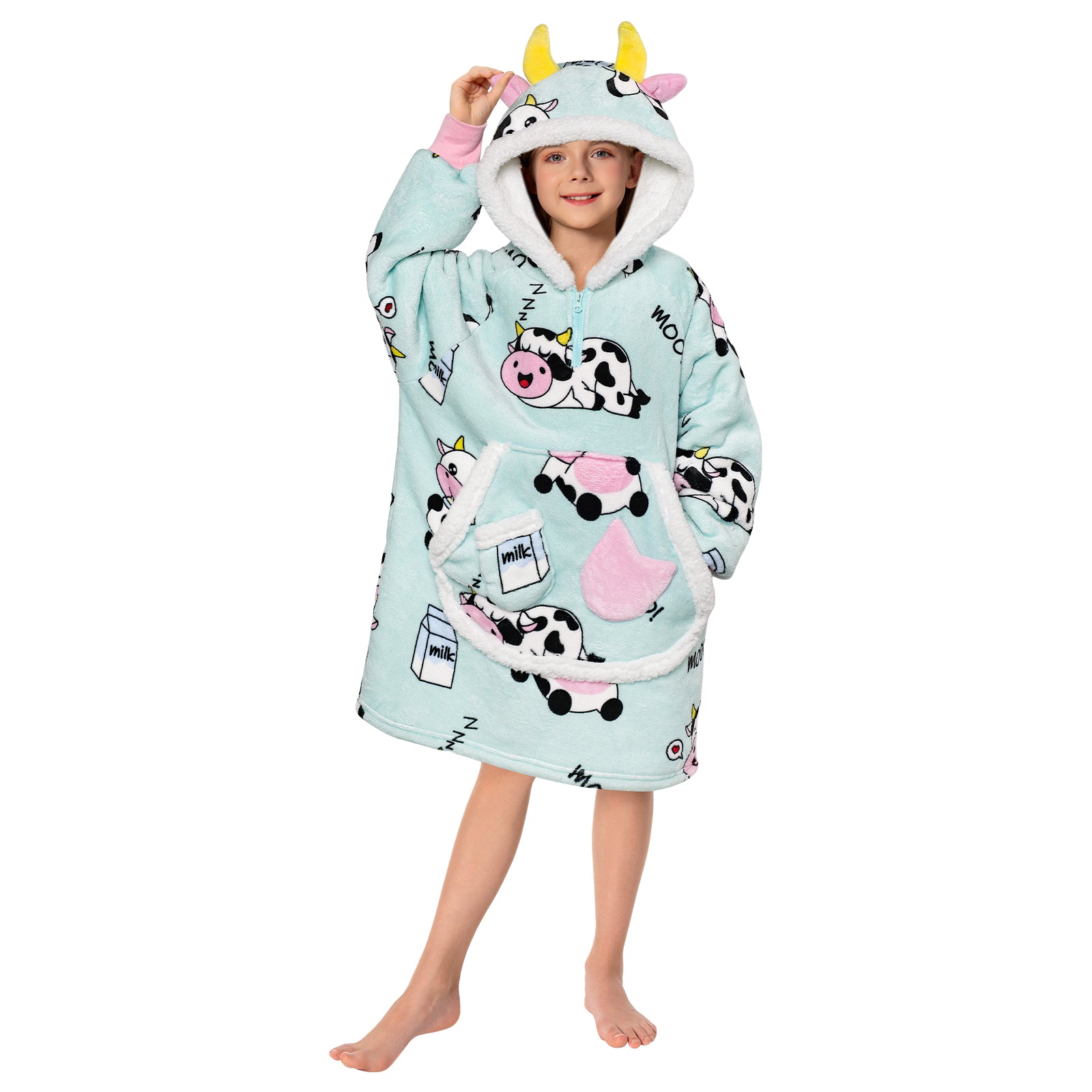Kids OLAOLA Blue Cow Wearable Blanket Kawaii Cattle Hoodie Animals Onesie Oversized Soft Homewear With Giant Pocket