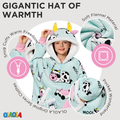 Kids OLAOLA Blue Cow Wearable Blanket Kawaii Cattle Hoodie Animals Onesie Oversized Soft Homewear With Giant Pocket