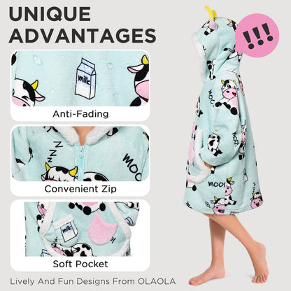 Kids OLAOLA Blue Cow Wearable Blanket Kawaii Cattle Hoodie Animals Onesie Oversized Soft Homewear With Giant Pocket