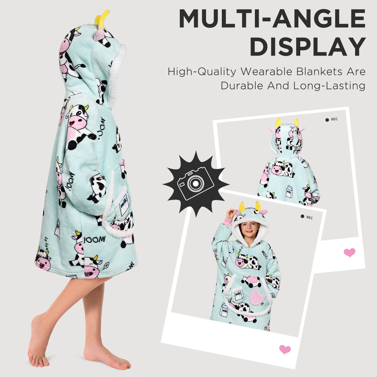 Kids OLAOLA Blue Cow Wearable Blanket Kawaii Cattle Hoodie Animals Onesie Oversized Soft Homewear With Giant Pocket