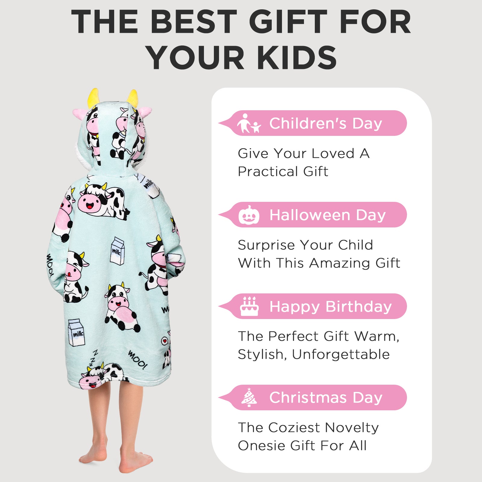 Kids OLAOLA Blue Cow Wearable Blanket Kawaii Cattle Hoodie Animals Onesie Oversized Soft Homewear With Giant Pocket