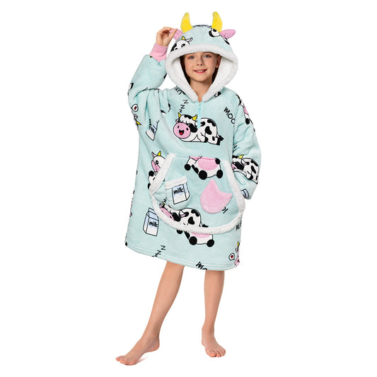 Kids OLAOLA Blue Cow Wearable Blanket Kawaii Cattle Hoodie Animals Onesie Oversized Soft Homwear With Giant Pocket