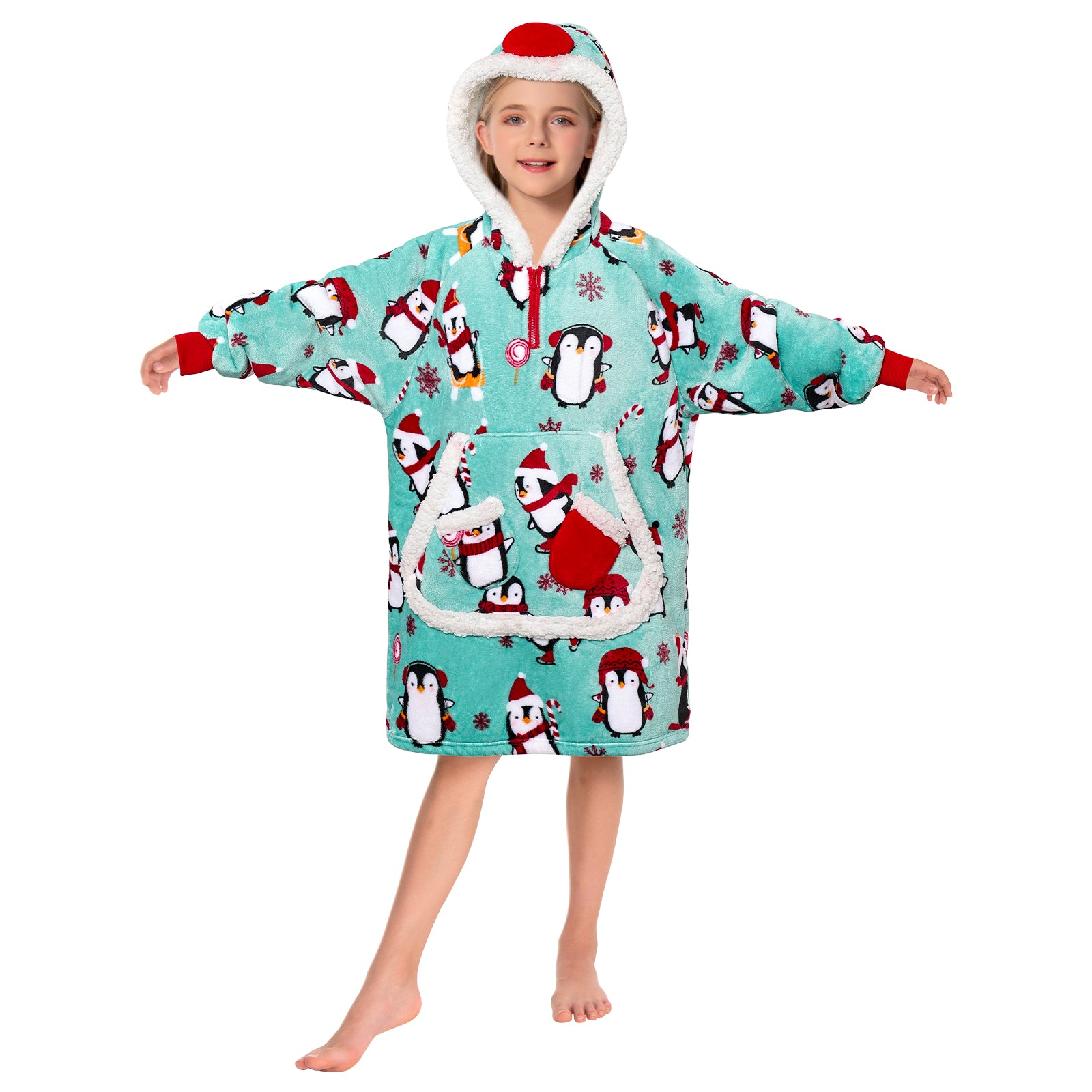 Kids OLAOLA Blue Penguin Printed Wearable Blanket Hoodie Animals Onesie Oversized Soft Homewear With Giant Pocket