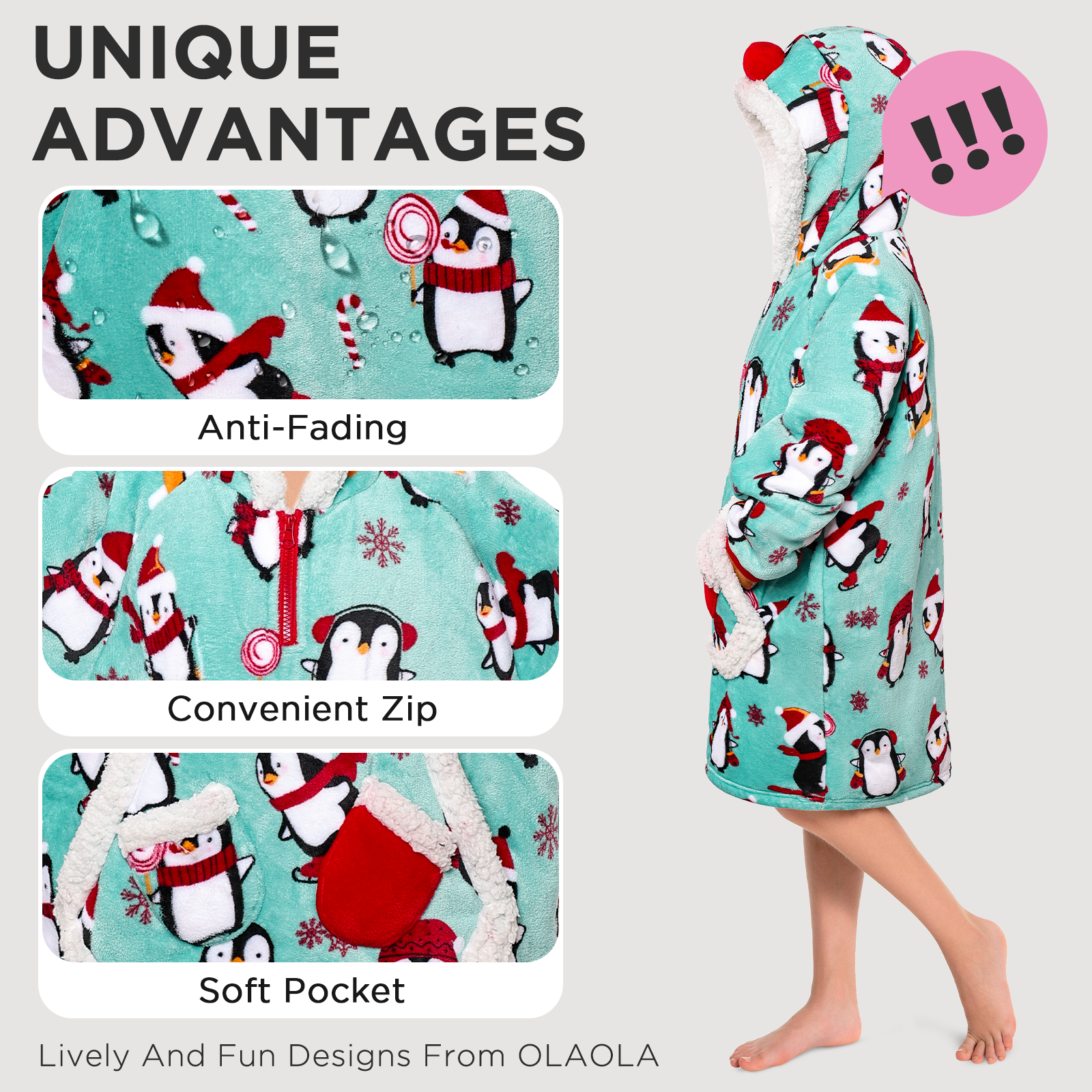 Kids OLAOLA Blue Penguin Printed Wearable Blanket Hoodie Animals Onesie Oversized Soft Homewear With Giant Pocket