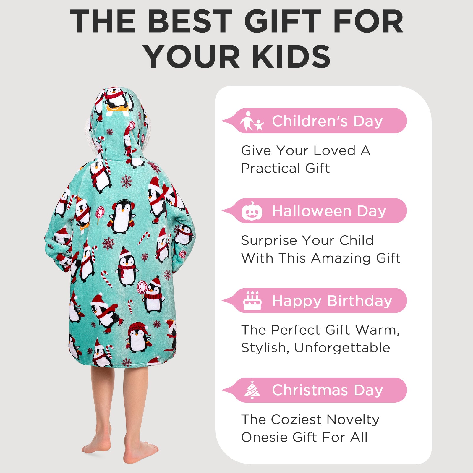 Kids OLAOLA Blue Penguin Printed Wearable Blanket Hoodie Animals Onesie Oversized Soft Homewear With Giant Pocket