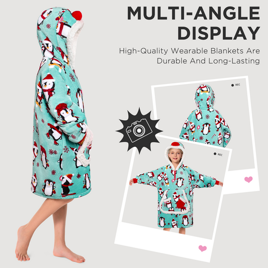 Kids OLAOLA Blue Penguin Printed Wearable Blanket Hoodie Animals Onesie Oversized Soft Homewear With Giant Pocket