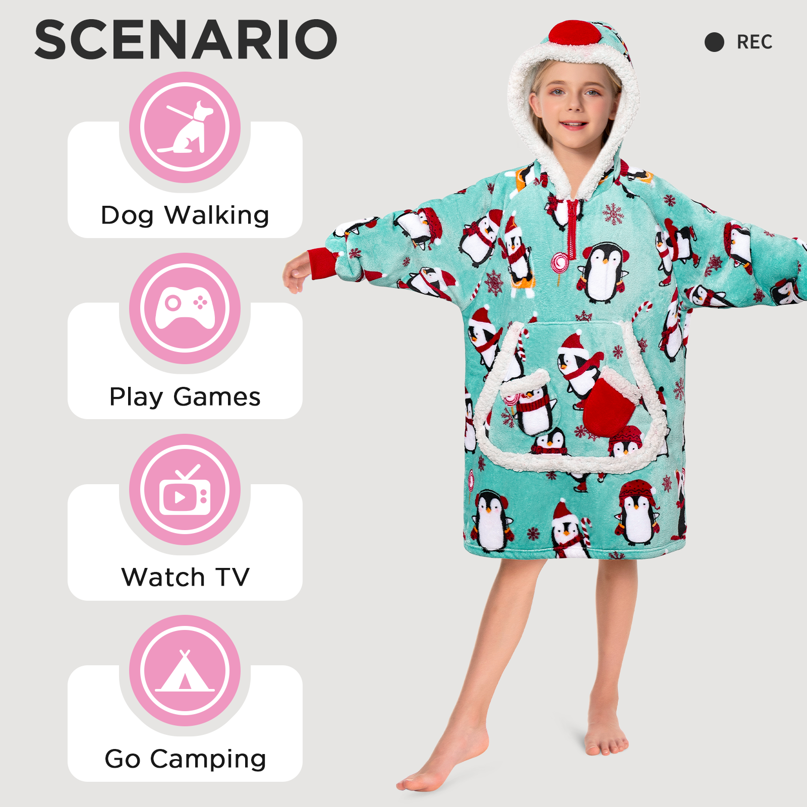 Kids OLAOLA Blue Penguin Printed Wearable Blanket Hoodie Animals Onesie Oversized Soft Homewear With Giant Pocket