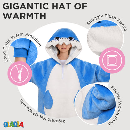 Kids OLAOLA Blue Shark Wearable Blanket Hoodie Animals Onesie Oversized Soft Homewear With Giant Pocket