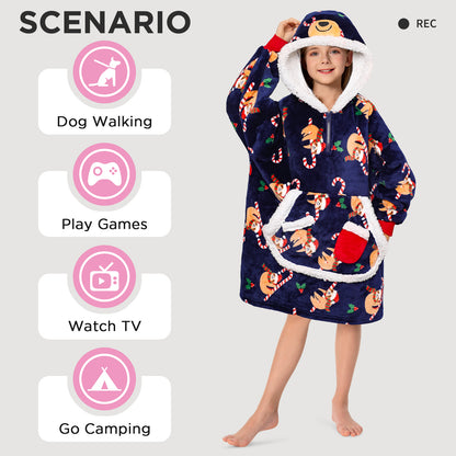 Kids OLAOLA Blue Sloth Printed Wearable Blanket Hoodie Animals Onesie Oversized Soft Homewear With Giant Pocket