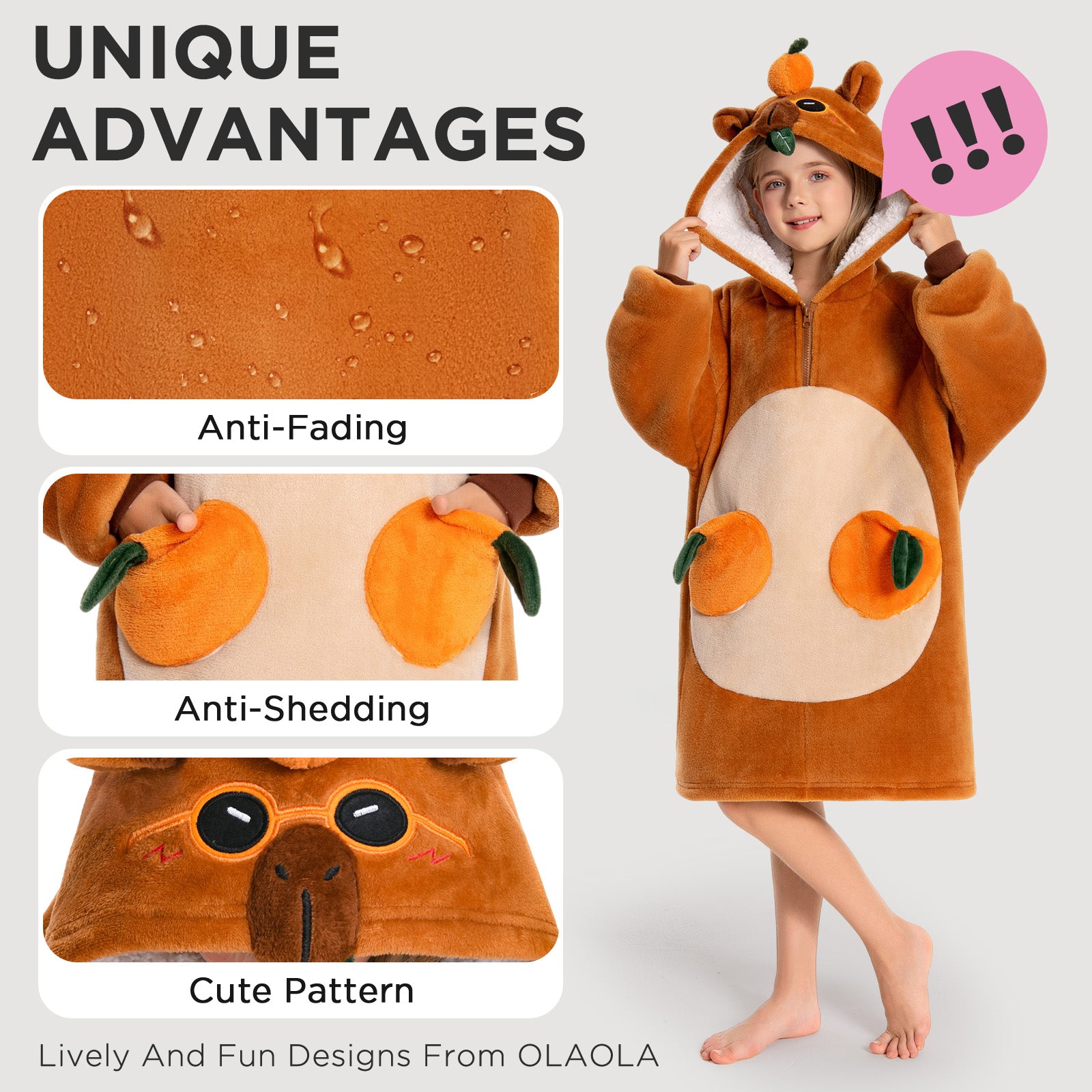 Kids OLAOLA Capybara Wearable Blanket Hoodie Oversized Animal Hooded Blanket Soft Warm Cozy Sherpa Fleece Sweatshirt