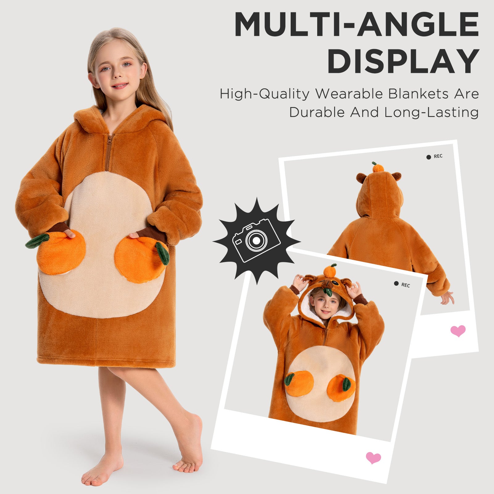 Kids OLAOLA Capybara Wearable Blanket Hoodie Oversized Animal Hooded Blanket Soft Warm Cozy Sherpa Fleece Sweatshirt