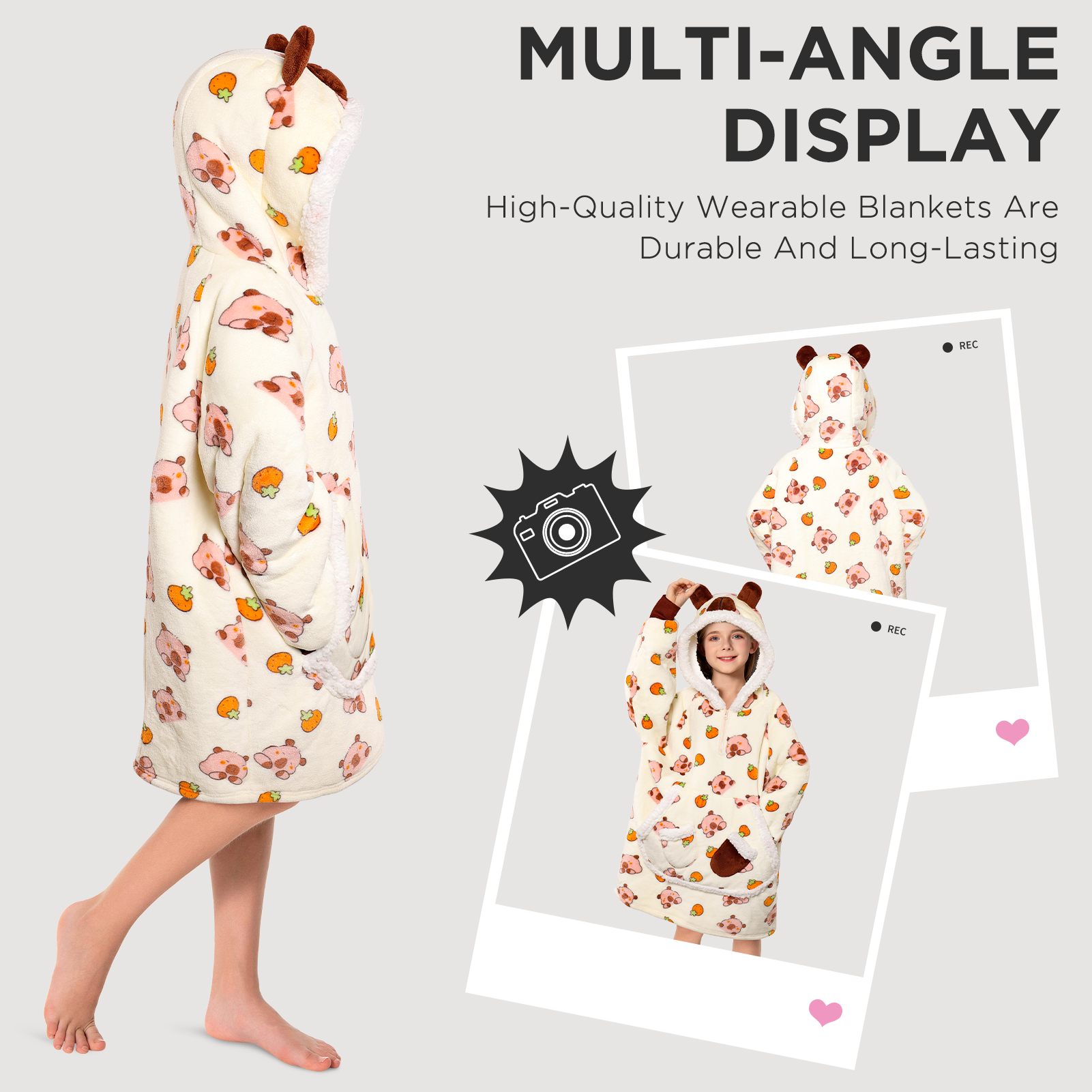 Kids OLAOLA Capybara Yellow Printed Wearable Blanket Hoodie Animals Onesie Oversized Soft Homewear With Giant Pocket