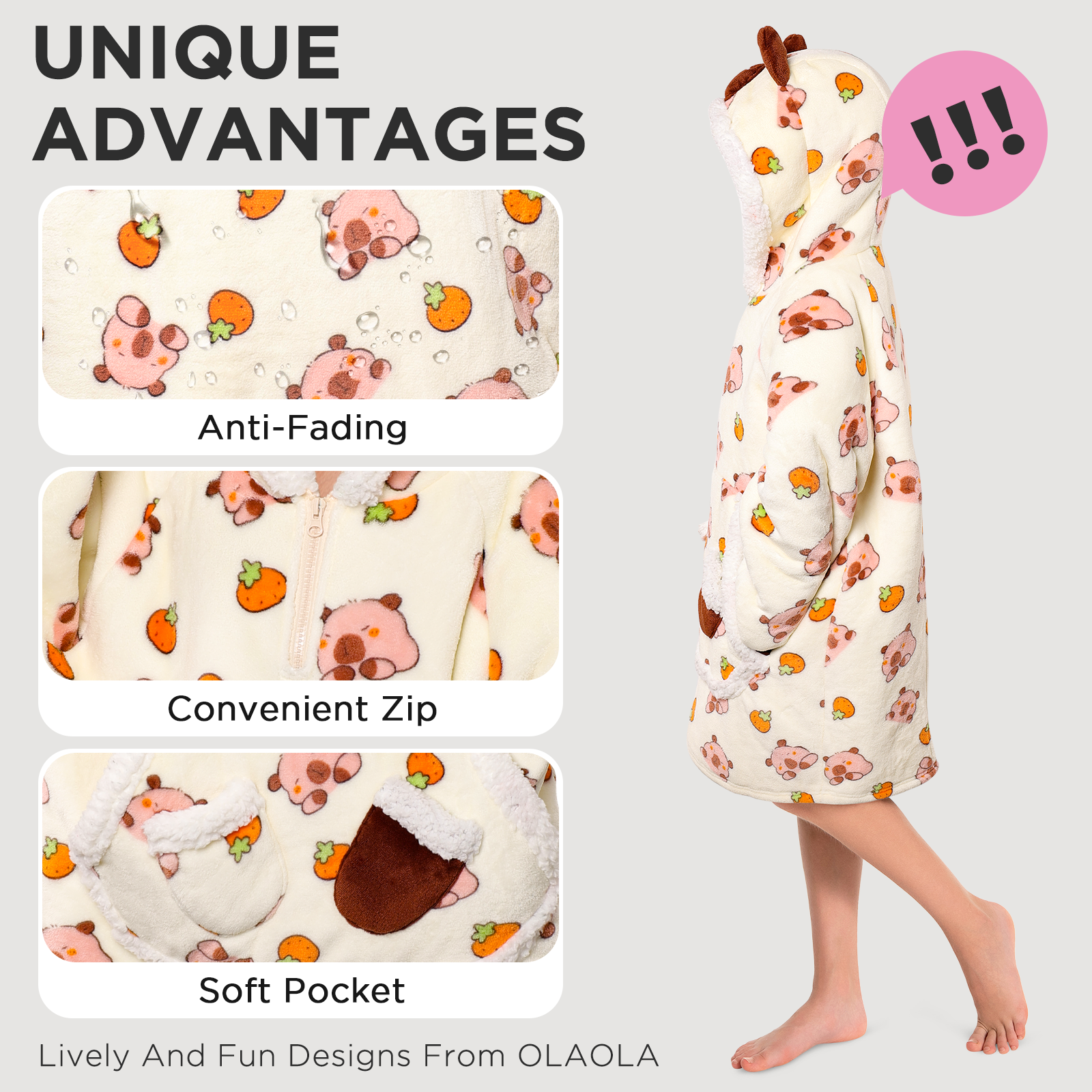 Kids OLAOLA Capybara Yellow Printed Wearable Blanket Hoodie Animals Onesie Oversized Soft Homewear With Giant Pocket