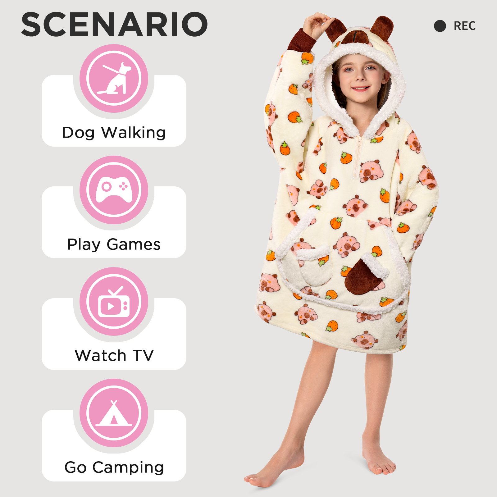 Kids OLAOLA Capybara Yellow Printed Wearable Blanket Hoodie Animals Onesie Oversized Soft Homewear With Giant Pocket