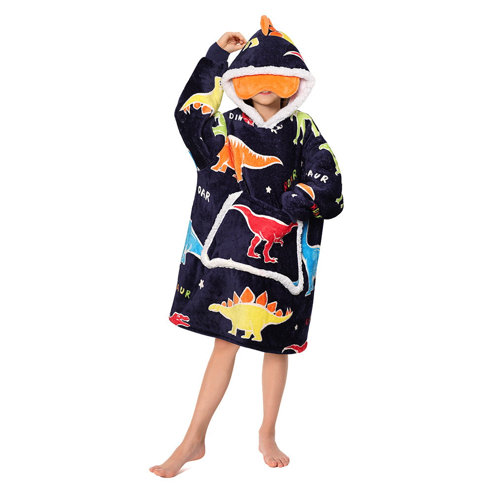 Kids OLAOLA Blue Dinosaur Glow In The Dark Wearable Blanket Hoodie Animals Onesie Soft Oversized Animal Hooded Sweatshirt