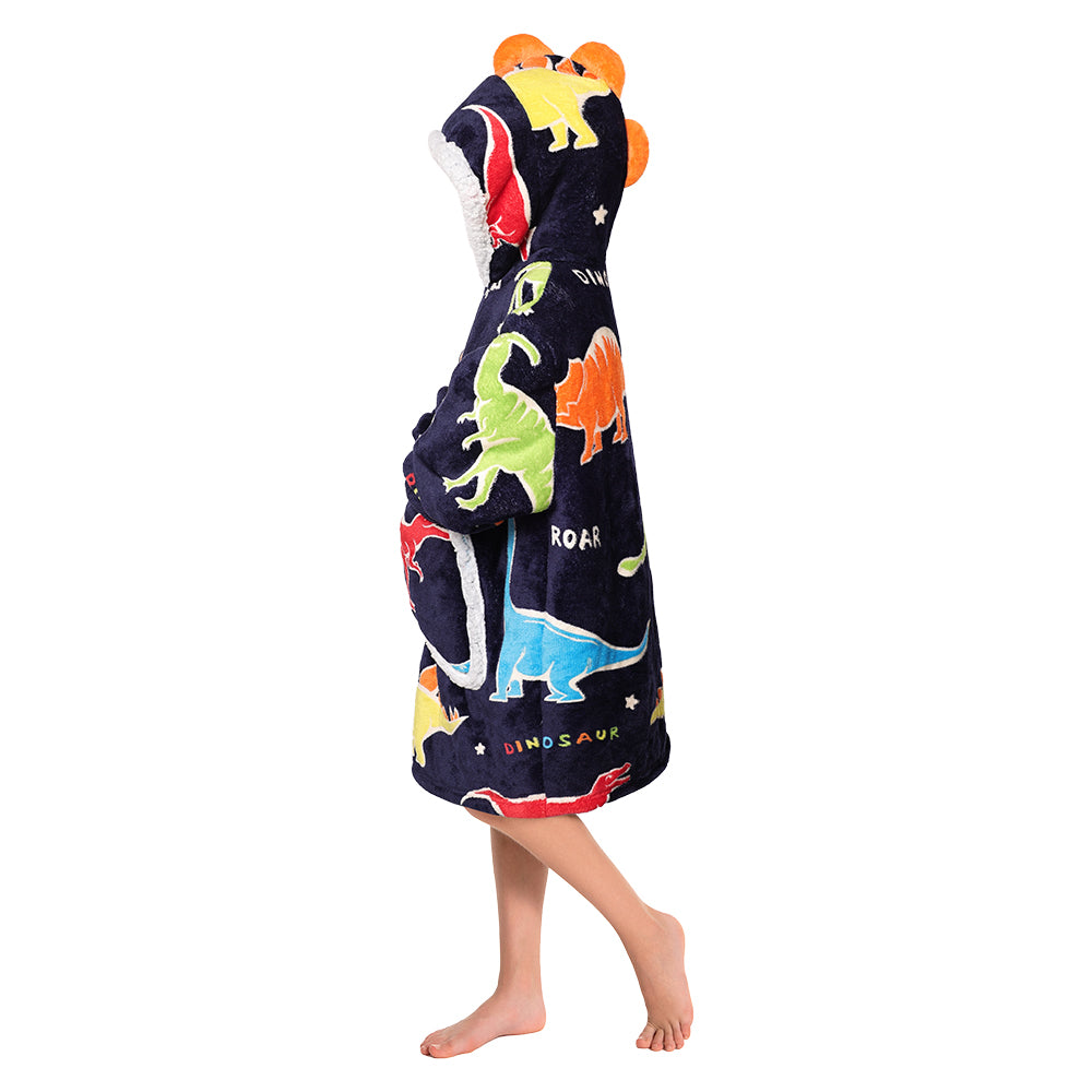 Kids OLAOLA Blue Dinosaur Glow In The Dark Wearable Blanket Hoodie Animals Onesie Soft Oversized Animal Hooded Sweatshirt