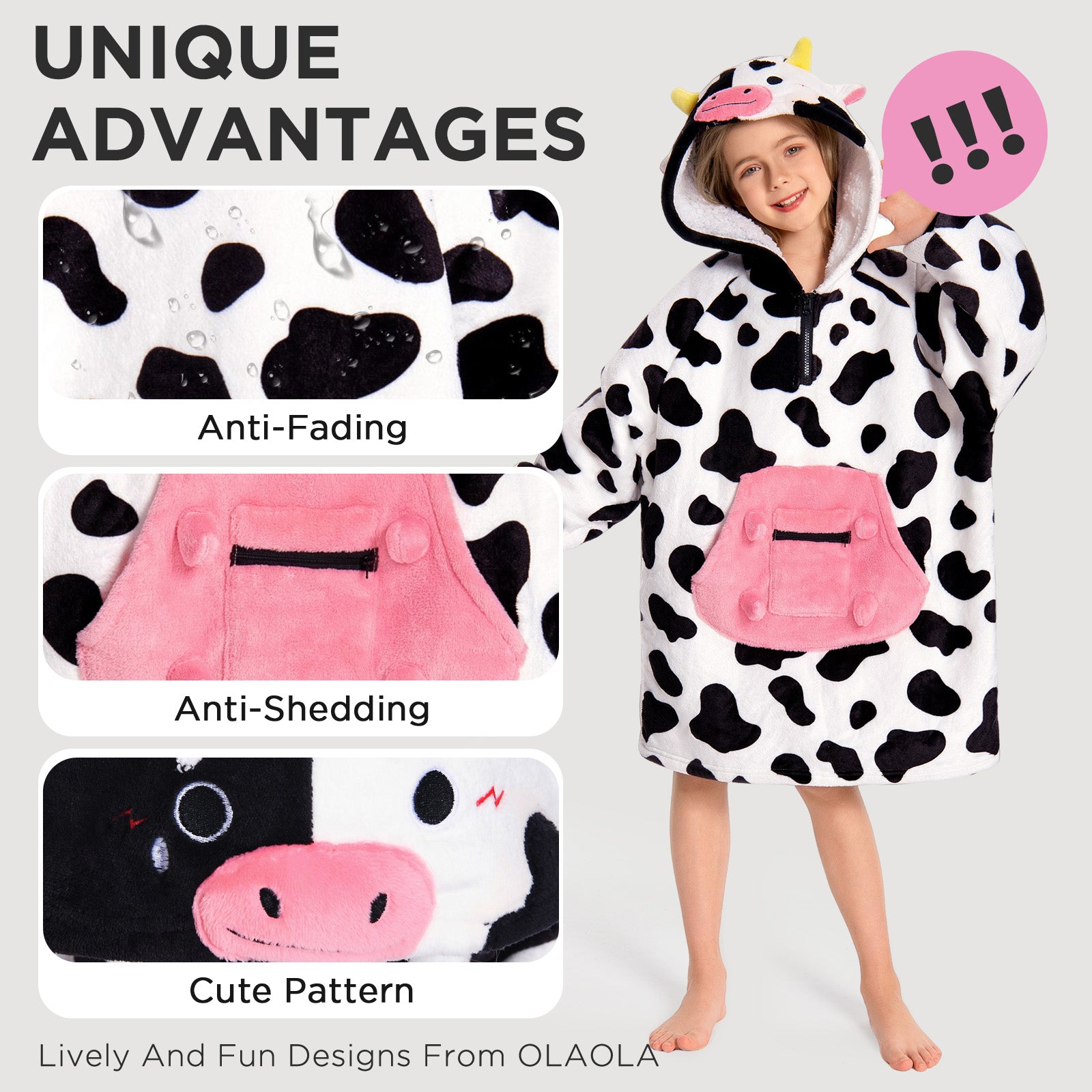 Kids OLAOLA Cow Wearable Blanket Hoodie Animals Onesie Oversized Soft Homewear With Giant Pocket