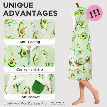 Kids OLAOLA Green Avocado Printed Wearable Blanket Hoodie Oversized Hooded Blanket Thick Sweatshirt With Pockets