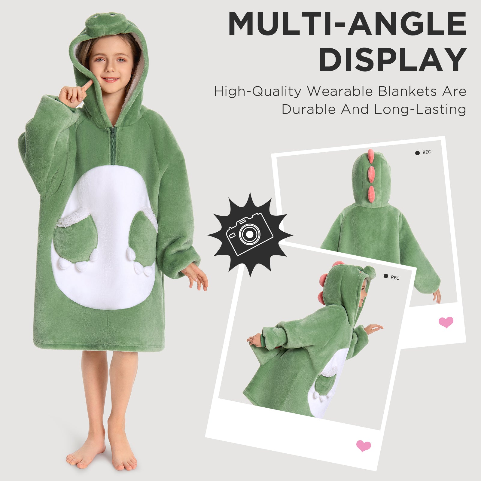 Kids OLAOLA Green Dinosaur Wearable Blanket Hoodie Animals Onesie Oversized Soft Homewear With Giant Pocket