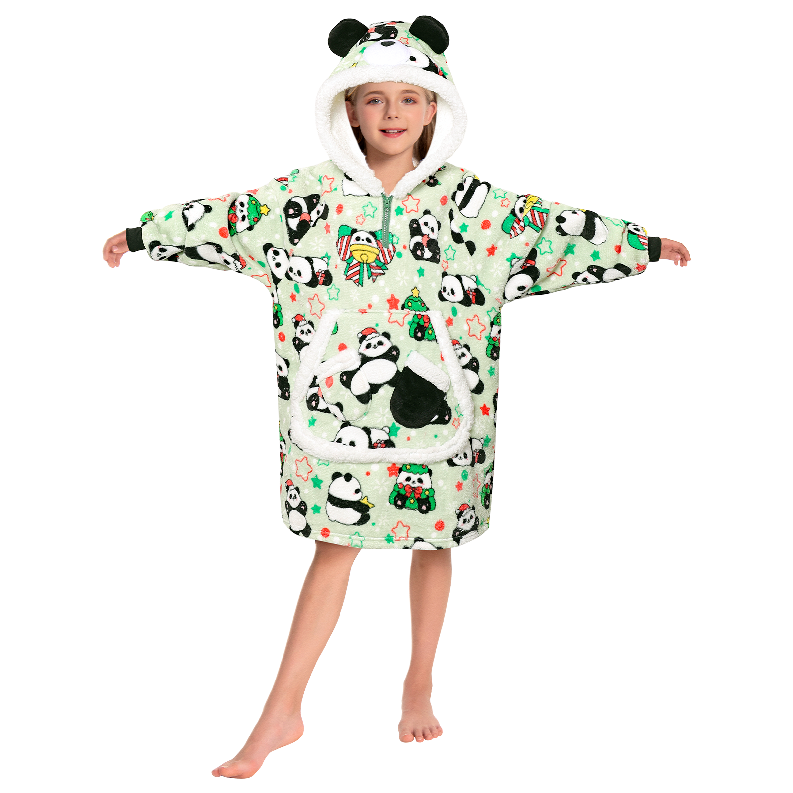 Kids OLAOLA Green Panda Wearable Blanket Hoodie Animals Onesie Oversized Soft Warm Cozy Sherpa Fleece Sweatshirt