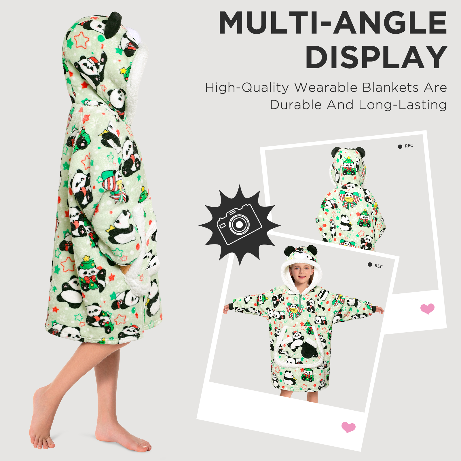 Kids OLAOLA Green Panda Wearable Blanket Hoodie Animals Onesie Oversized Soft Warm Cozy Sherpa Fleece Sweatshirt