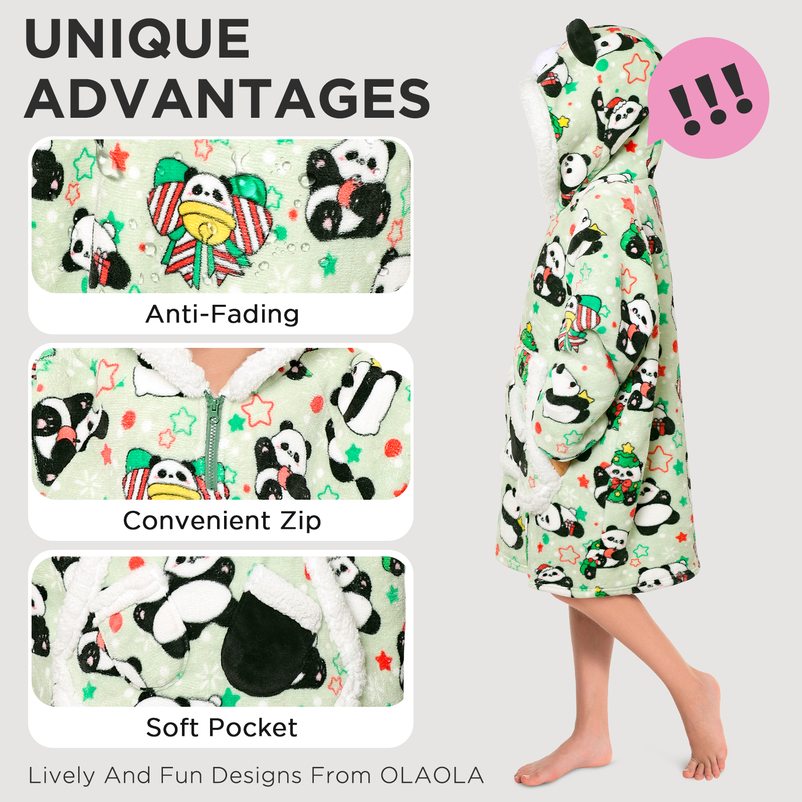 Kids OLAOLA Green Panda Wearable Blanket Hoodie Animals Onesie Oversized Soft Warm Cozy Sherpa Fleece Sweatshirt