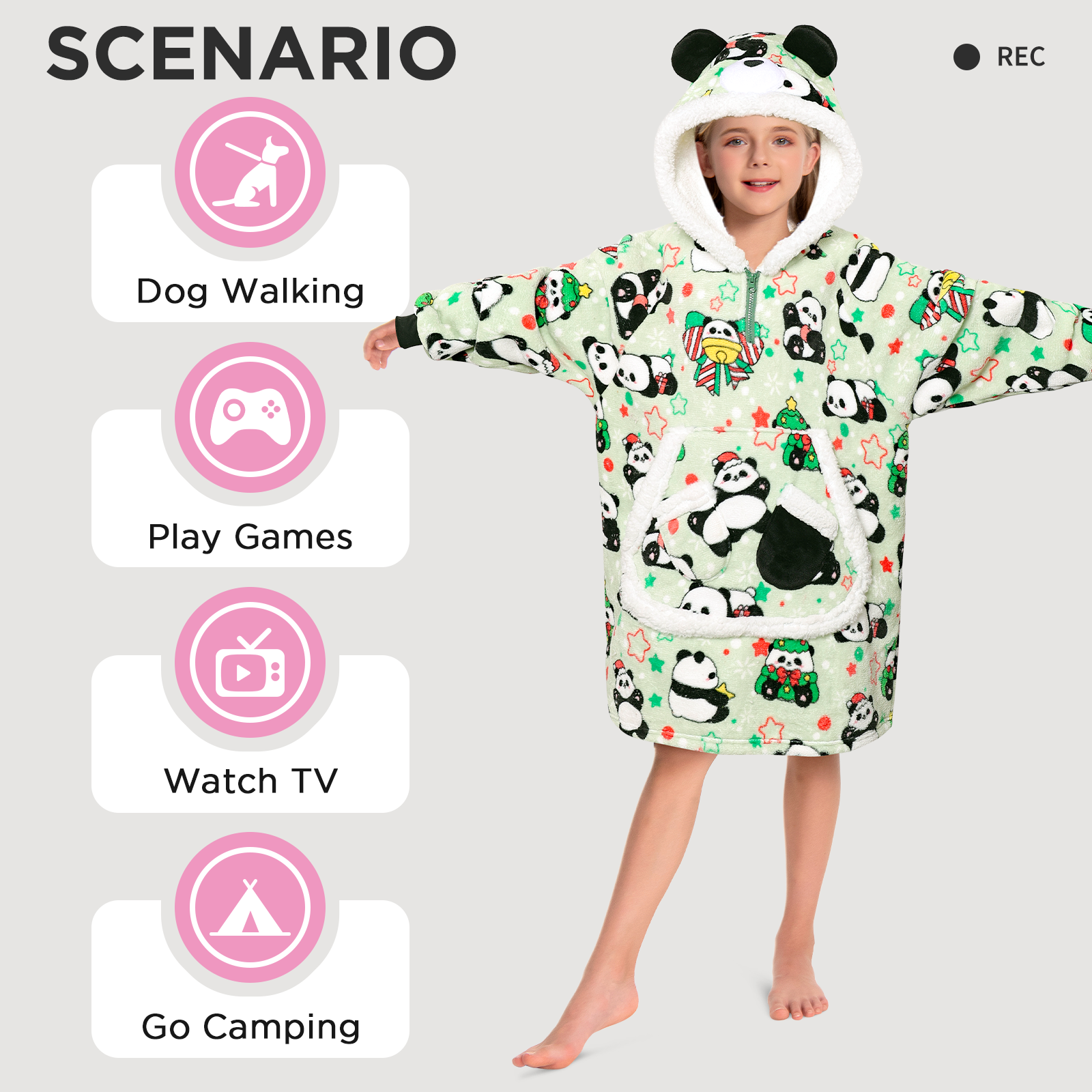 Kids OLAOLA Green Panda Wearable Blanket Hoodie Animals Onesie Oversized Soft Warm Cozy Sherpa Fleece Sweatshirt