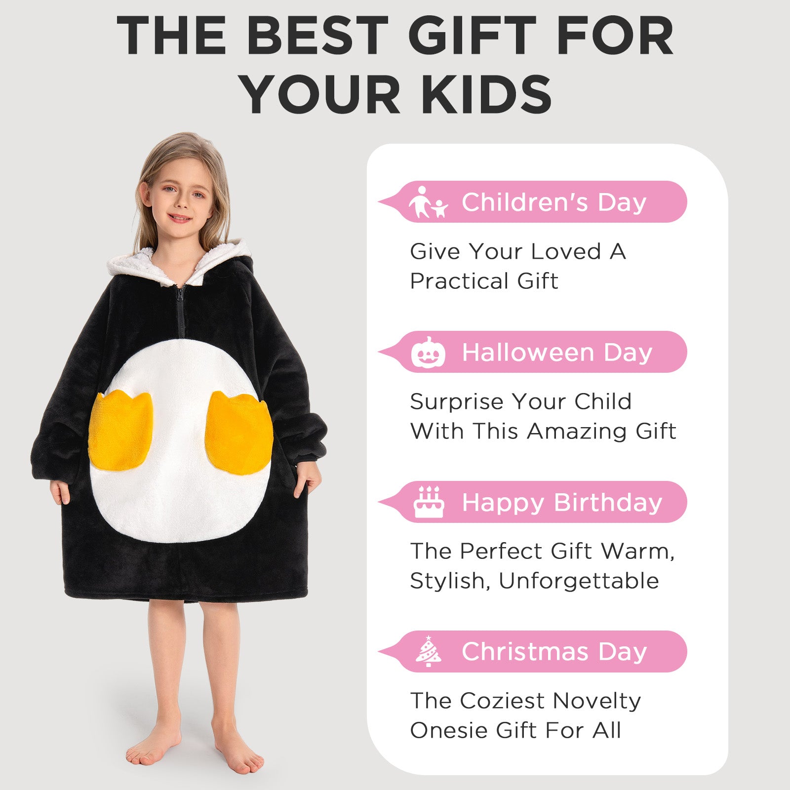 Kids OLAOLA Penguin Wearable Blanket Hoodie Animals Onesie Oversized Soft Homewear With Giant Pocket