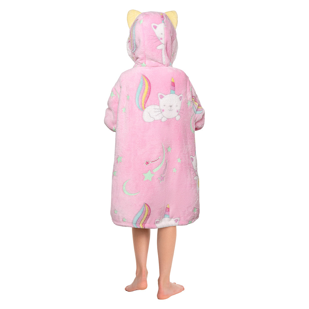 Kids OLAOLA Pink Cat Glow In The Dark Wearable Blanket Hoodie Luminous Animals Onesie Soft Oversized Animal Hooded Blanket