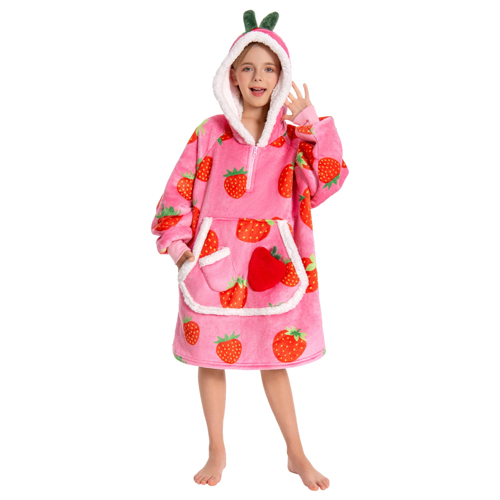 Kids OLAOLA Pink Strawberry Wearable Blanket Hoodie Food Onesie Oversized Soft Homewear With Giant Pocket
