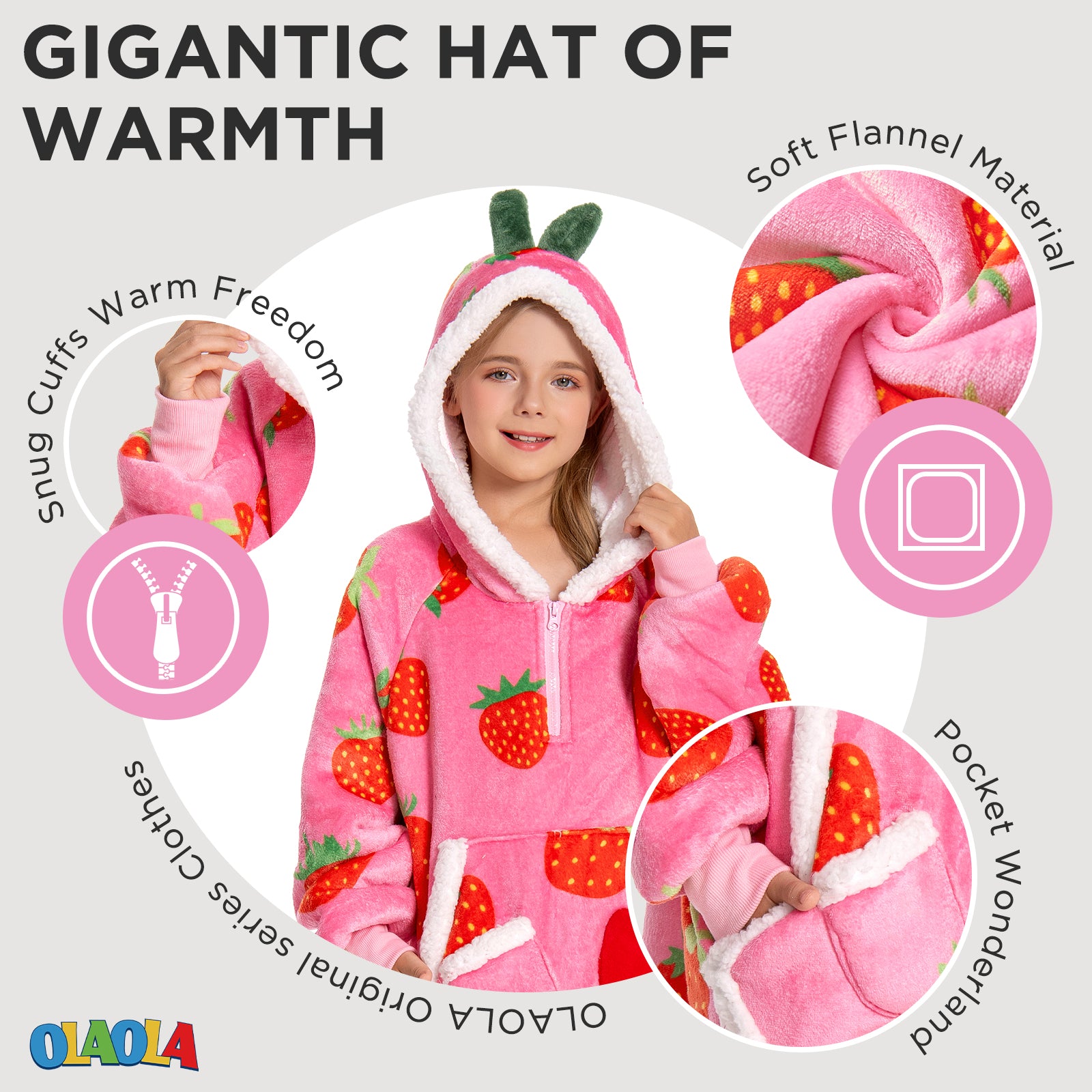 Kids OLAOLA Pink Strawberry Wearable Blanket Hoodie Food Onesie Oversized Soft Homewear With Giant Pocket