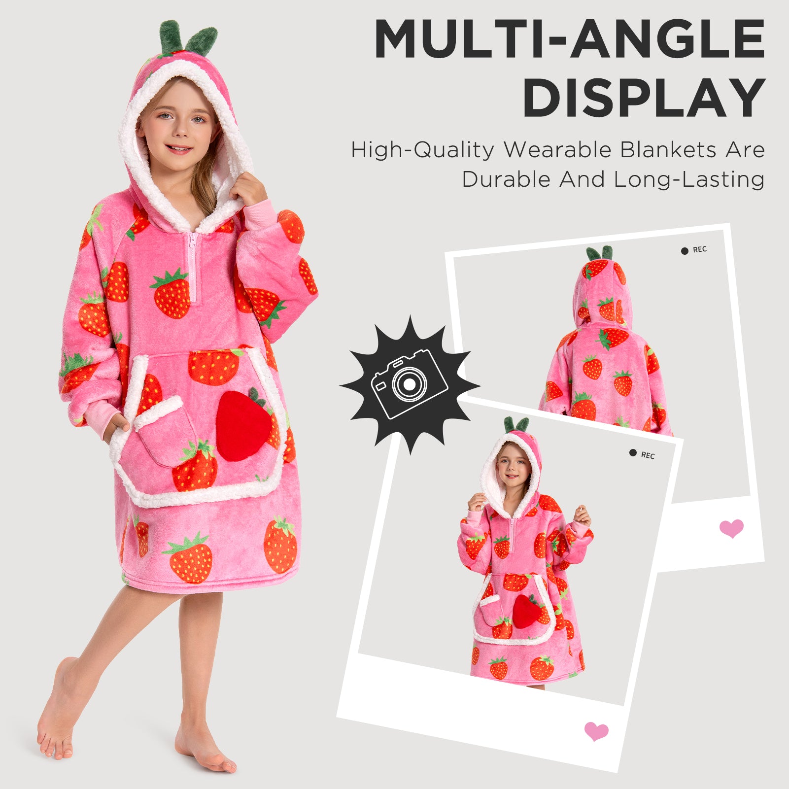 Kids OLAOLA Pink Strawberry Wearable Blanket Hoodie Food Onesie Oversized Soft Homewear With Giant Pocket