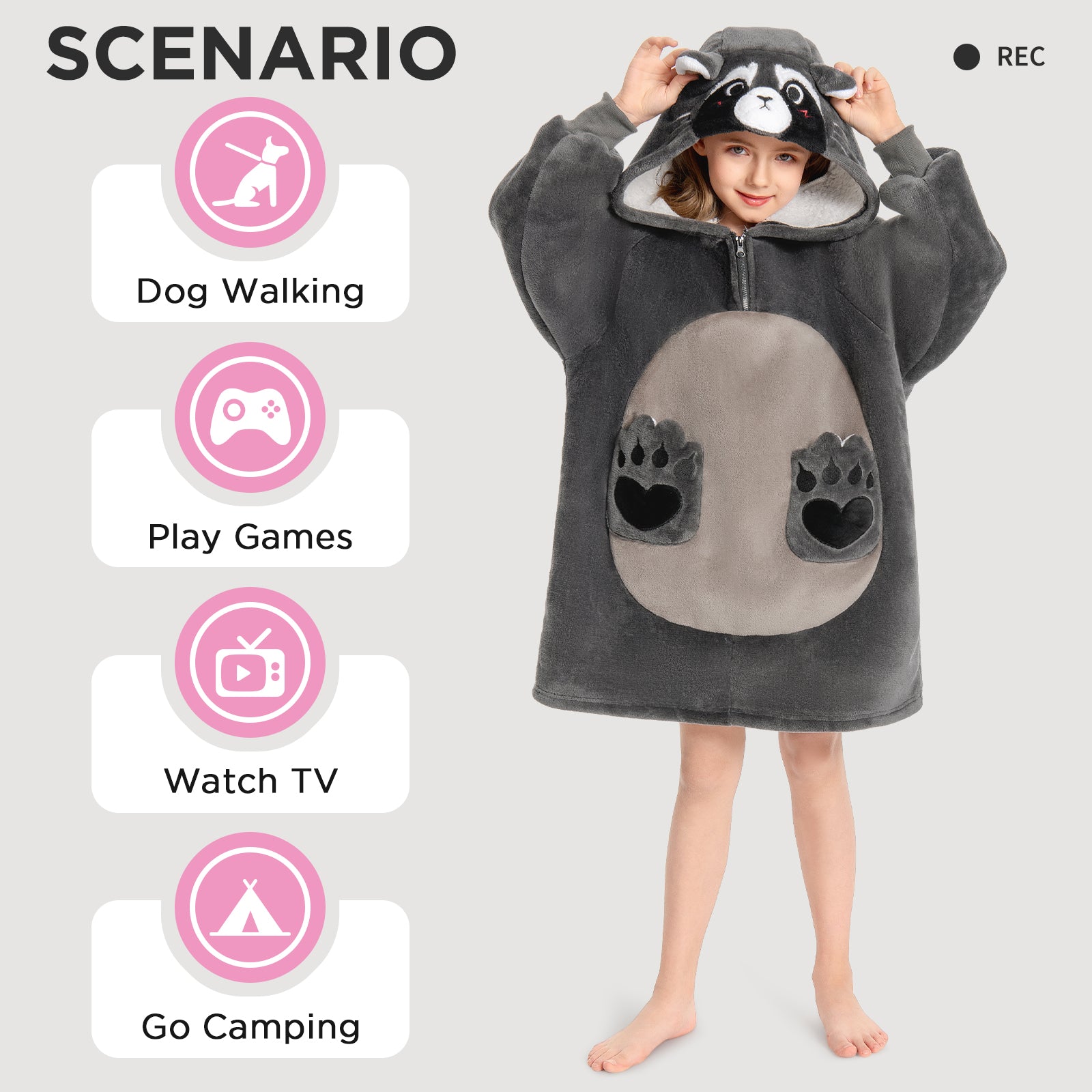 Kids OLAOLA Raccoon Wearable Blanket Hoodie Animals Onesie Oversized Soft Homewear With Giant Pocket