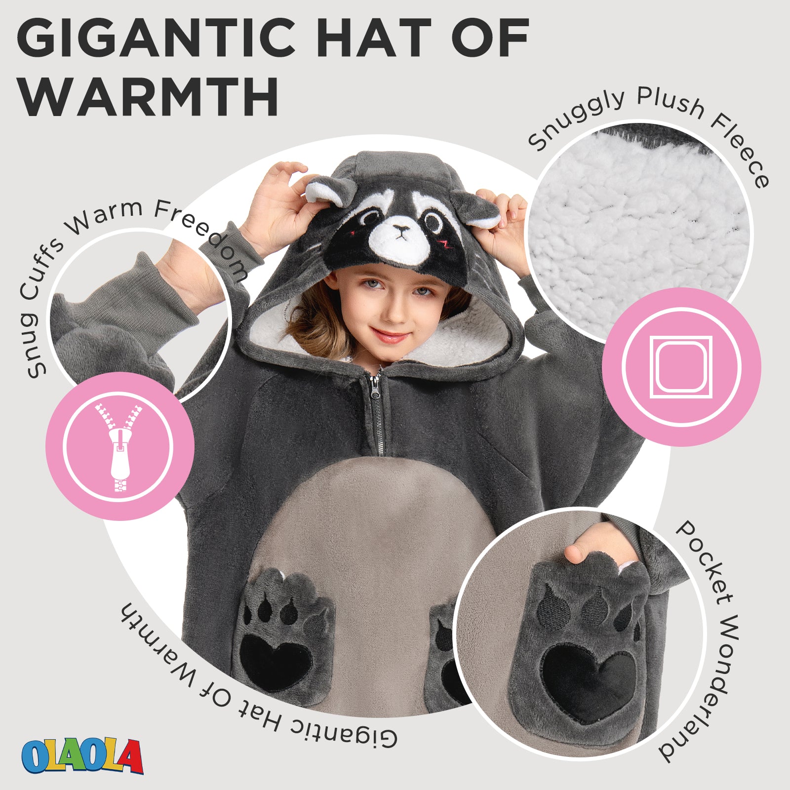 Kids OLAOLA Raccoon Wearable Blanket Hoodie Animals Onesie Oversized Soft Homewear With Giant Pocket