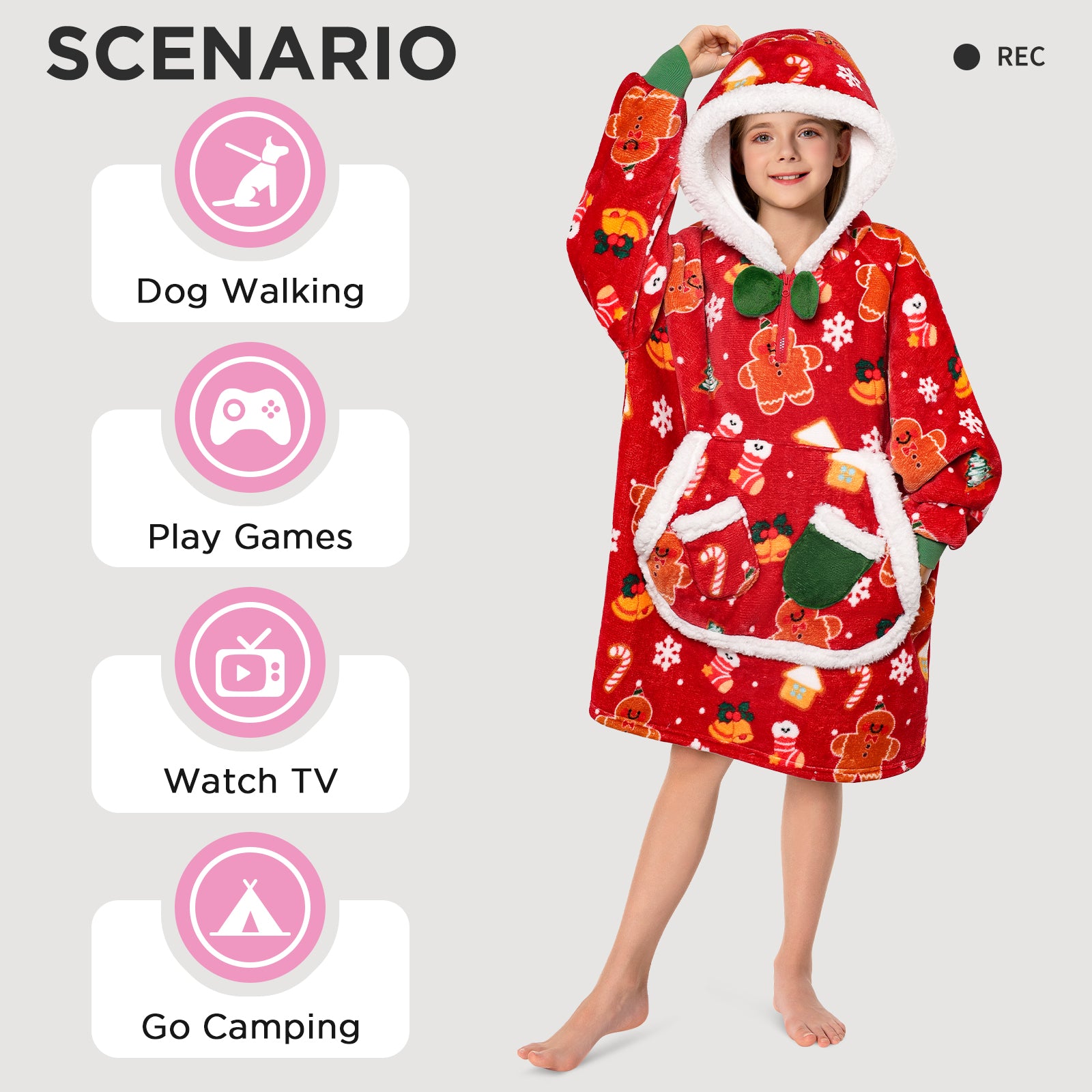 Kids OLAOLA Red Gingerbread Man Wearable Blanket Hoodie Animals Onesie Oversized Soft Christmas Homewear