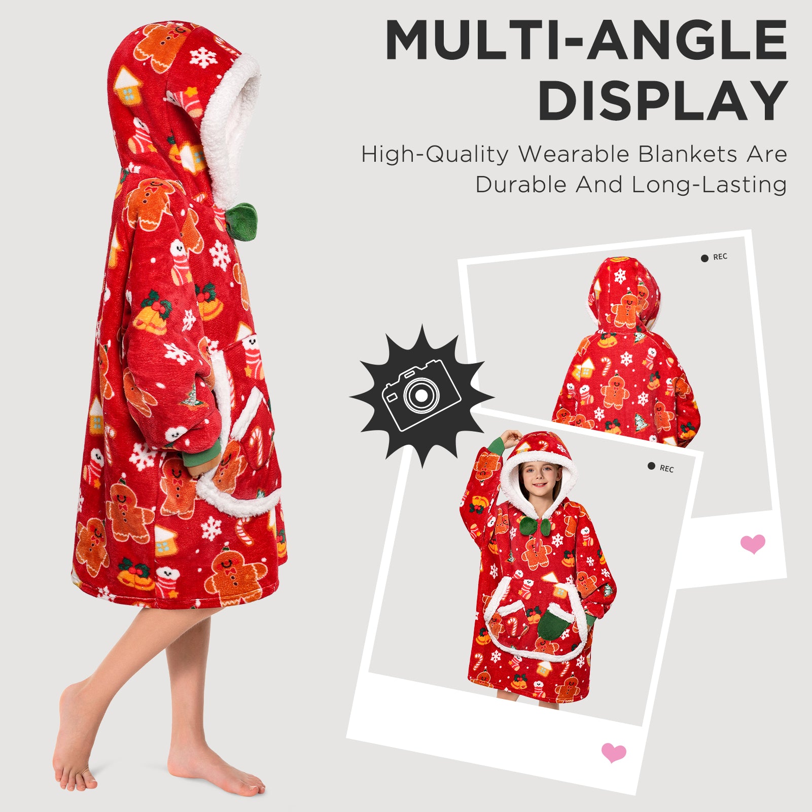 Kids OLAOLA Red Gingerbread Man Wearable Blanket Hoodie Animals Onesie Oversized Soft Christmas Homewear