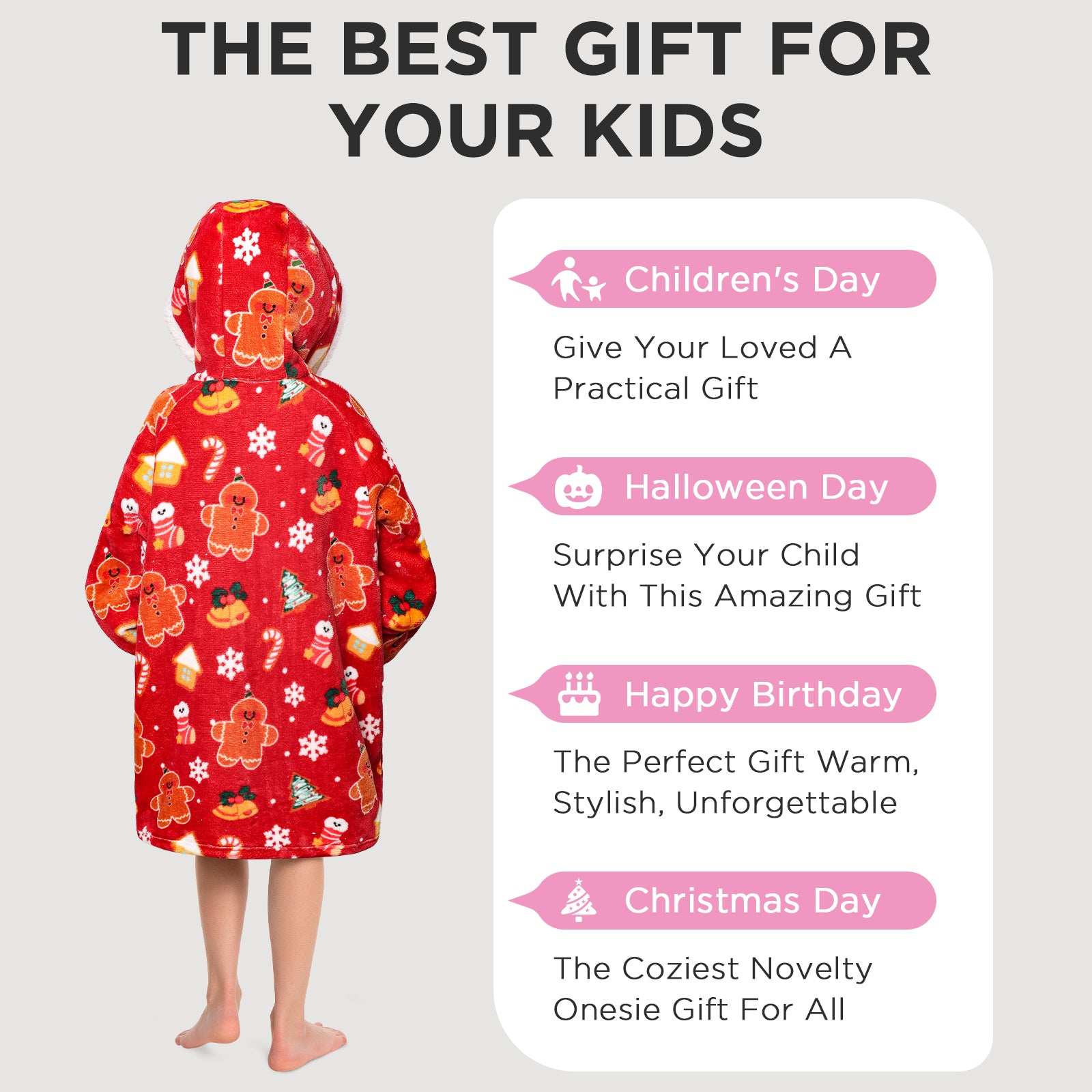 Kids OLAOLA Red Gingerbread Man Wearable Blanket Hoodie Animals Onesie Oversized Soft Christmas Homewear