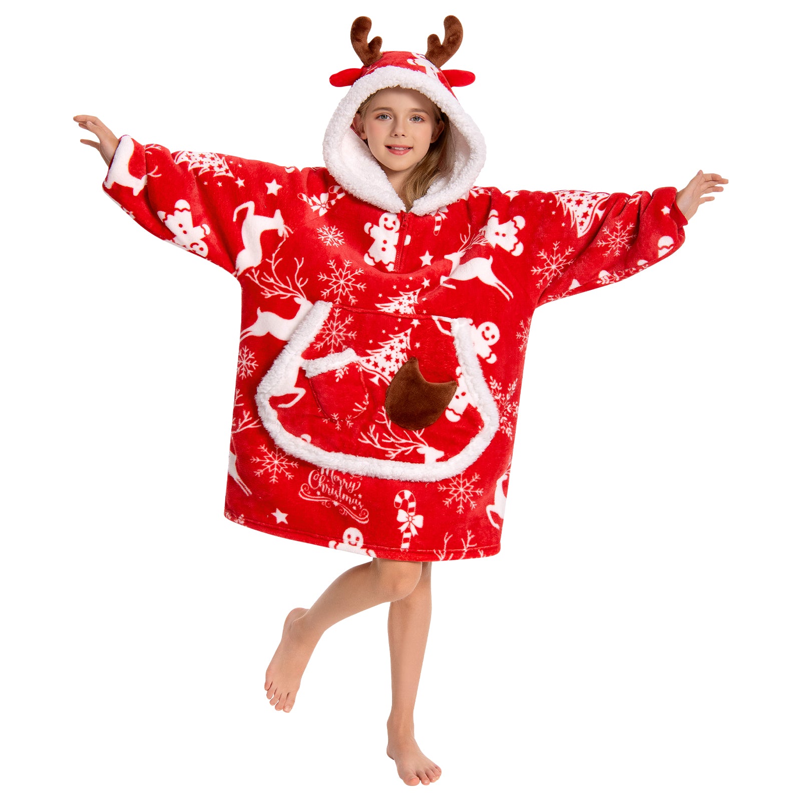 Kids OLAOLA Red Reindeer Wearable Blanket Hoodie Elk Animals Christmas Onesie Oversized Soft Homewear With Giant Pocket