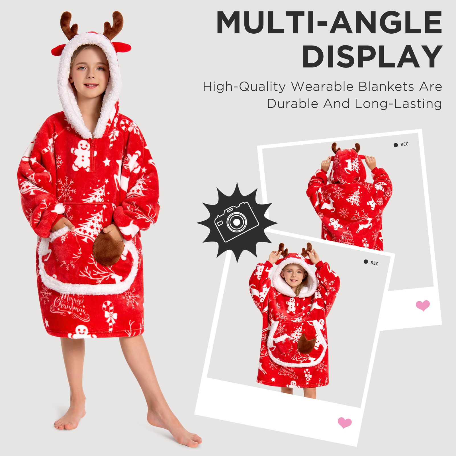 Kids OLAOLA Red Reindeer Wearable Blanket Hoodie Elk Animals Christmas Onesie Oversized Soft Homewear With Giant Pocket