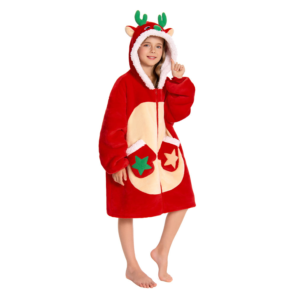 Kids OLAOLA Red Reindeer Zipper Wearable Blanket Hoodie Animals Onesie Oversized Soft Christmas Homewear