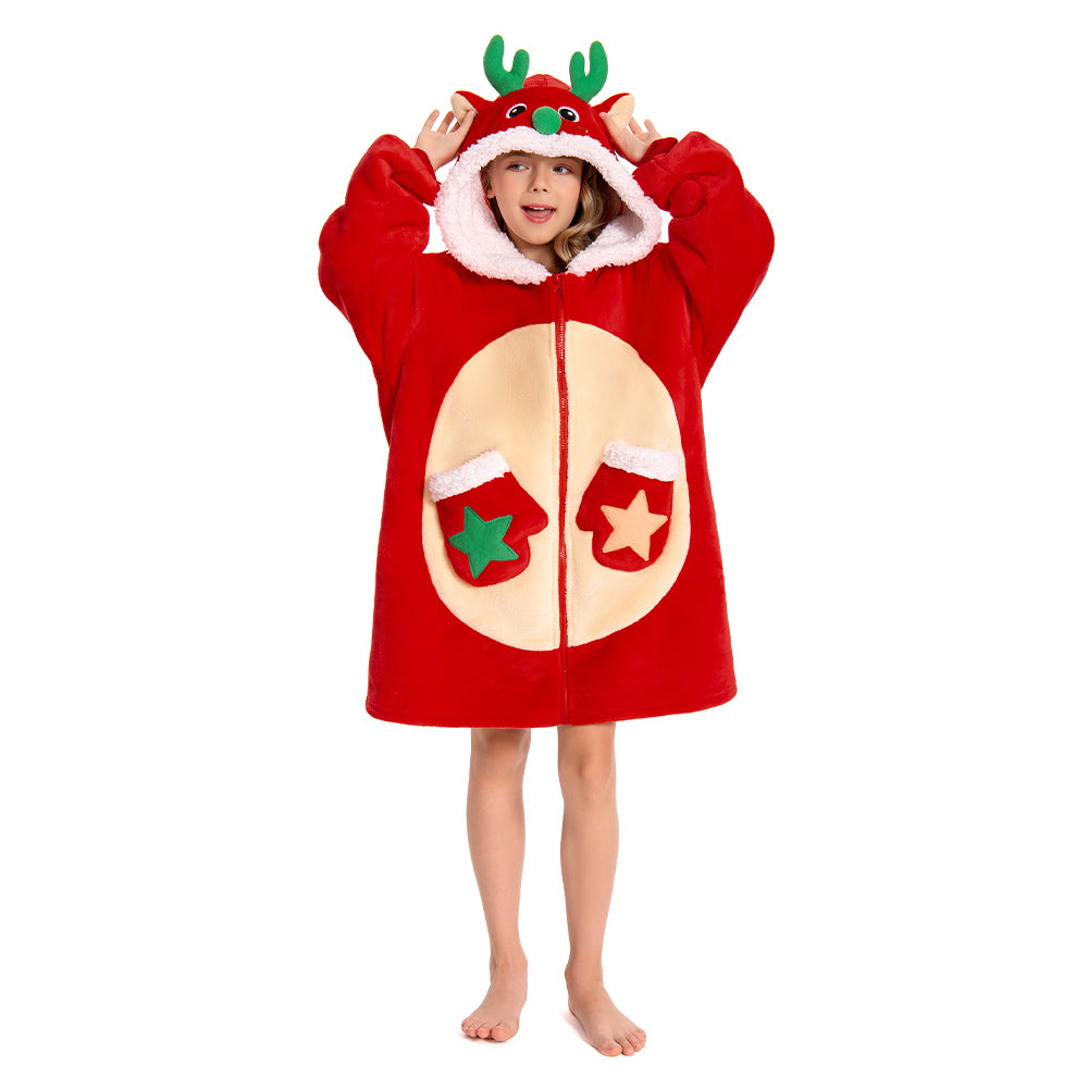 Kids OLAOLA Red Reindeer Zipper Wearable Blanket Hoodie Animals Onesie Oversized Soft Christmas Homewear