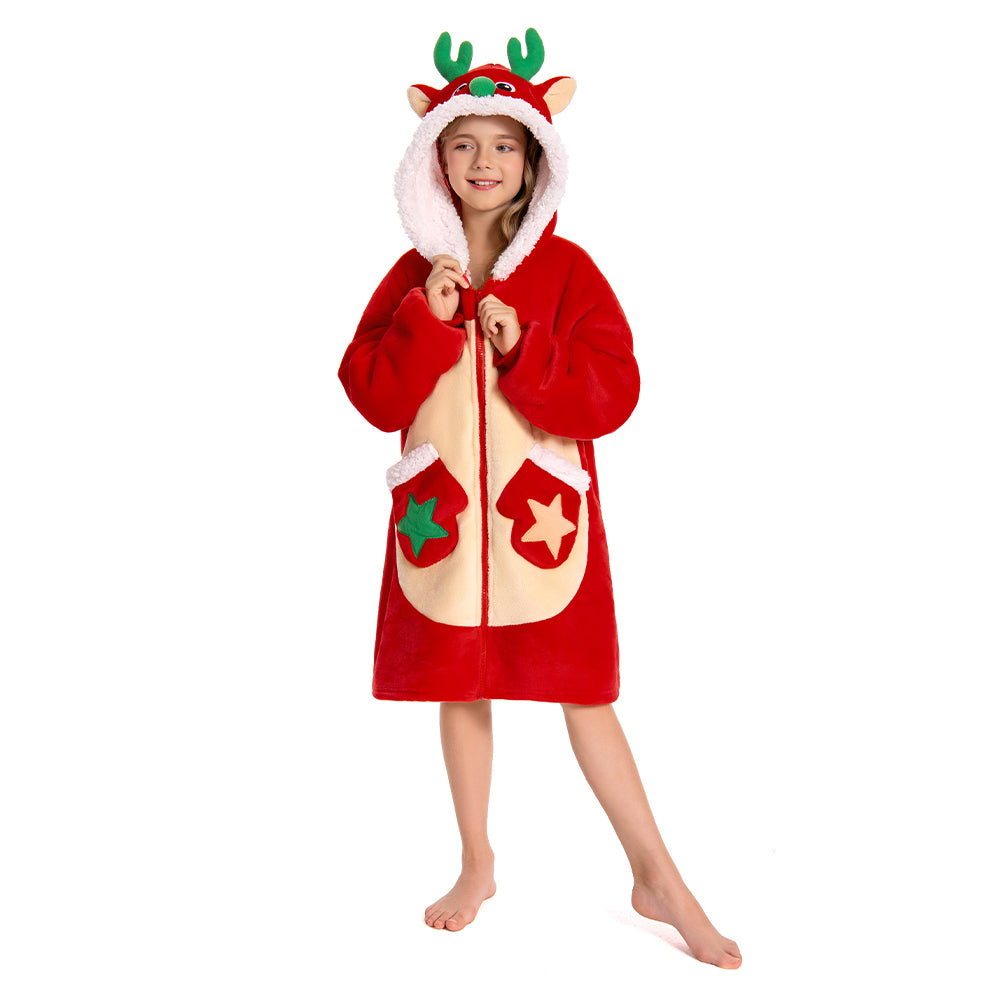 Kids OLAOLA Red Reindeer Zipper Wearable Blanket Hoodie Animals Onesie Oversized Soft Christmas Homewear