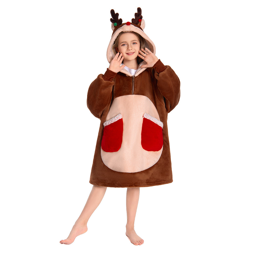 Kids OLAOLA Reindeer Wearable Blanket Hoodie Animals Christmas Onesie Oversized Soft Homewear With Giant Pocket