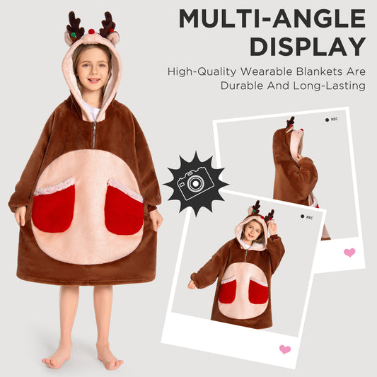 Kids OLAOLA Reindeer Wearable Blanket Hoodie Animals Christmas Onesie Oversized Soft Homewear With Giant Pocket