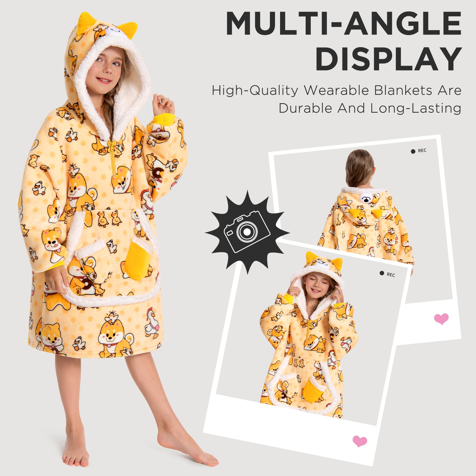 Kids OLAOLA Yellow Dog Wearable Blanket Hoodie Animals Onesie Oversized Soft Warm Cozy Sherpa Fleece Sweatshirt