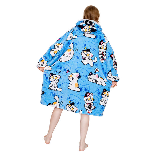 OLAOLA Blue Cat Wearable Blanket Hoodie Animals Onesie Oversized Soft Homwear With Giant Pocket For Adult
